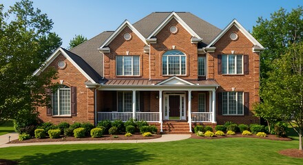 Obraz premium Exterior of a large two story brick residential home containing plenty of copy space