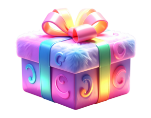 Vibrant 3D illustration of fluffy cartoon gift package with shiny glowing bow isolated on transparent background PNG
