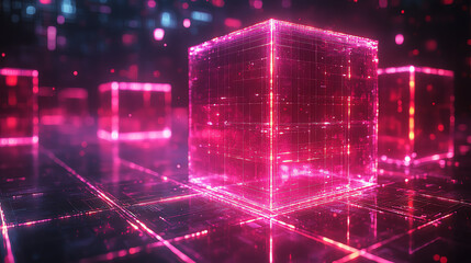 Futuristic digital cubes with glowing purple grids, representing advanced technology and virtual reality in a cybernetic environment.