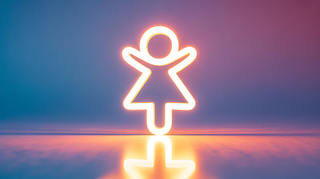 Neon outline of a female figure symbol glowing against a gradient background with reflection - Powered by Adobe