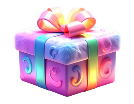  Vibrant 3D illustration of fluffy cartoon gift package with shiny glowing bow isolated on transparent background PNG
