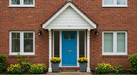 A front door of a red brick home with a white overhang blue front door and planters with yellow flowers.