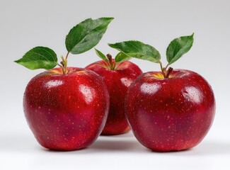 Three glossy red apples with green leaves