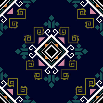 Dark navy Navajo tribal geometric pattern background, ethnic textile fabric design, colorful bohemian ornament with symmetry, traditional decorative motif in green gold pink white black tones