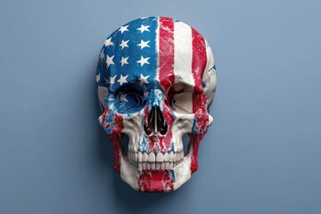 A human skull painted with the American flag, symbolizing themes of patriotism, death, and national identity.