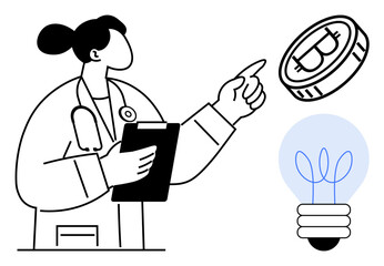 Female doctor holding a clipboard, pointing to a Bitcoin coin, next to a glowing light bulb. Ideal for cryptocurrency, innovation, technology, healthcare, finance, education futuristic concepts