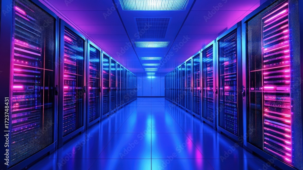 Poster futuristic it data center with neon glowing server racks and advanced cloud infrastructure for techn