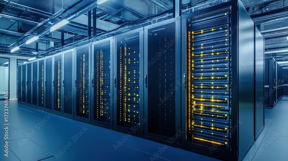 Poster advanced it data center with illuminated server racks and secure cloud infrastructure for enterprise