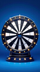 Black and white fortune wheel on a blue studio backdrop