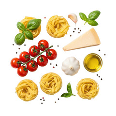 Fresh pasta ingredients arranged on background with tomatoes basil garlic cheese and oil tagliatelle
