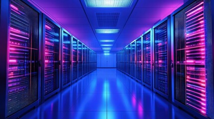 Fototapeta premium Futuristic IT data center with neon glowing server racks and advanced cloud infrastructure for technology presentations and digital business use