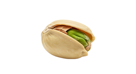 A single pistachio nut with its shell partially open revealing the green kernel inside.