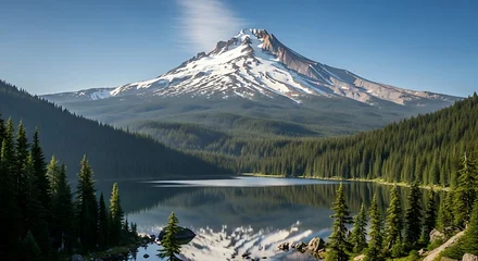 Keuken achterwand Reflectie Mount Hood reflected in Trillium Lake, Oregon, with lush green forests under a clear blue sky.  © Kremuzz