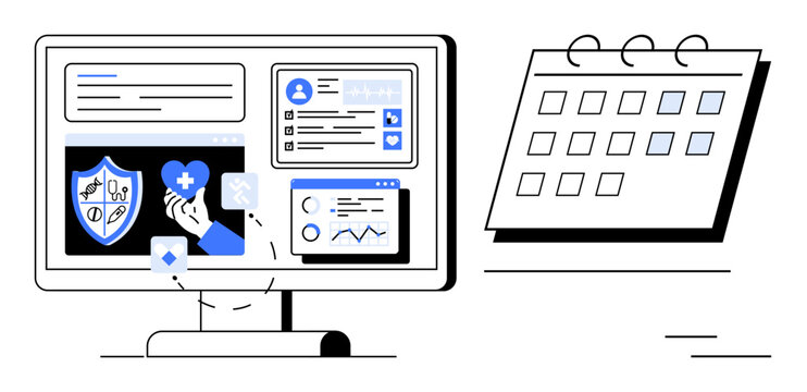 Computer screen displaying healthcare tools, icons, graphs, patient profiles, and a calendar beside it. Ideal for telemedicine, data management, appointment scheduling, patient care medical