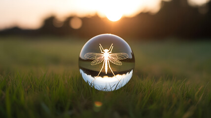 A dragonfly silhouette reflected in a glass sphere on grass during sunset