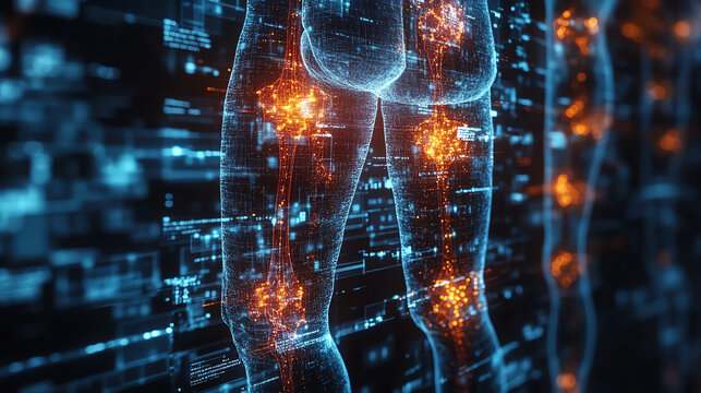 Futuristic illustration of human anatomy with glowing joints and data overlays, representing health technology and digital innovation.