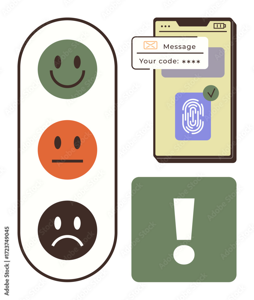 Aufkleber happy, neutral, and sad faces for feedback, smartphone with code and fingerprint login, and exclamat