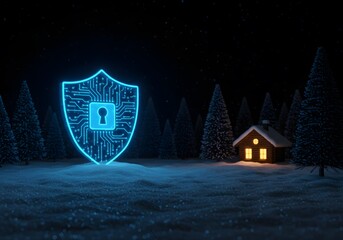 Winter home security with glowing shield protecting cozy cabin in snowy forest, illustrating safety and peace of mind for the holidays