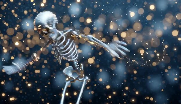 Dancing skeleton against the background of the night silver sky. Halloween dancing at a party.