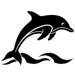 Obraz premium Black silhouette of a dolphin jumping over waves on a white background art