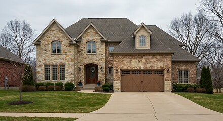 Large two story stone and brick residential home with garage in front containing plenty of copy space