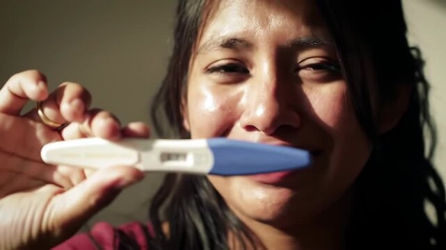 Woman holds positive pregnancy test, indoor, sunlight, happy