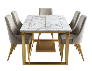  3D luxurious marble dining table with golden legs and four chairs isolated on transparent background PNG
