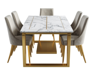  3D luxurious marble dining table with golden legs and four chairs isolated on transparent background PNG