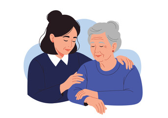 Fototapeta premium A younger woman comforts an older woman with her arm around her shoulder.