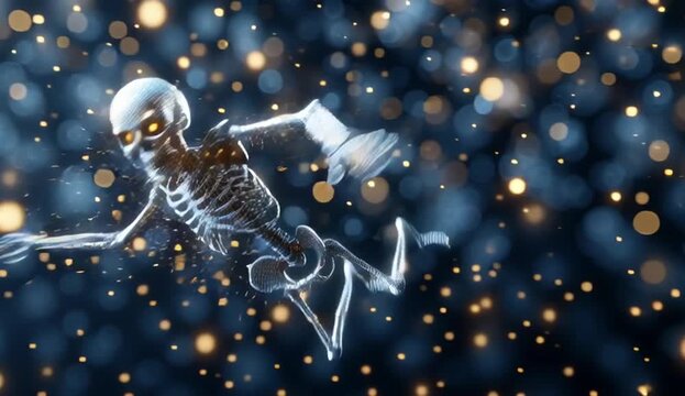 Dancing skeleton against the background of the night silver sky. Halloween dancing at a party.