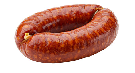 A single ring of cured chorizo sausage with a textured casing.