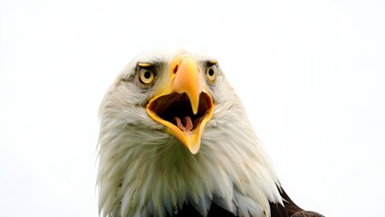 Obraz premium a bald eagle with its beak open mid-call, showing fierce expression and authority. Sharp details of feathers and eyes, with a clean neutral background