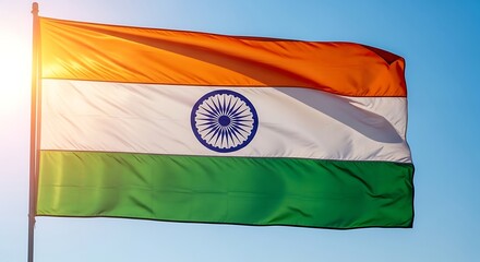 Waving Indian tricolor flag with Ashok chakra against the clear sky