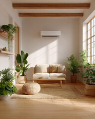 Calm living room with sustainable decor and modern air conditioner for energy efficiency. Sunlight streams into serene space filled with plants creating peaceful home