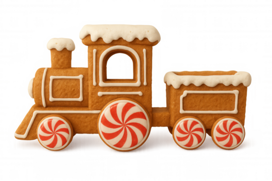 Gingerbread christmas train cookie with icing and candy wheels, holiday dessert treat, transparent background