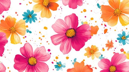 Vibrant watercolor floral pattern with pink, orange, and blue flowers and splatters on a white background, cheerful spring design
