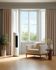 Modern living room with portable air conditioner promoting sustainable energy use. calm space has natural light from large window creating peaceful atmosphere