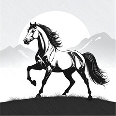 Black and white horse illustration against a mountain landscape