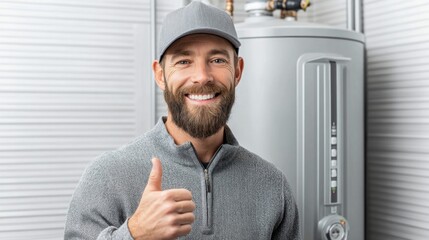 A smiling plumber gives a thumbs up with a water heater in the background, indicating satisfaction with a job well done.