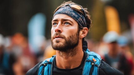 A determined man with a beard and a headband looks upward, possibly at the finish line of a race.