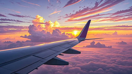Obraz premium Airplane Window View of a Cloud Layer at Sunset for a Beautiful Aviation Travel Journey