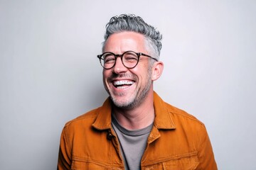 A happy, middle-aged man with glasses smiles broadly, capturing an expression of pure joy and warmth. The shot is on a neutral backdrop.