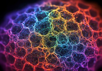 Vibrant cellular network with glowing interconnected nodes, perfect for technology, science, or abstract backgrounds, offering a modern, dynamic feel