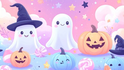 Fototapeta premium Halloween Kawaii Ghosts, Pumpkins, and Candy in Pastel Wonderland for Spooky Cute Fun