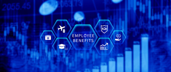 Employee Benefits Career Concept. Business Bonus Work Perks, Fringe benefits for employee engagement, Insurance, paid vacation, office perks