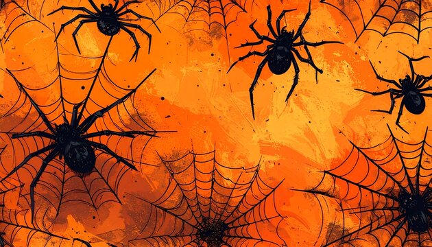 Seamless design of black spider webs and crawling spiders on an orange gradient background perfect for Halloween