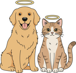 Happy golden retriever dog and a cute tabby cat sitting side by side with halos, symbolizing friendship, companionship, and the loving bond between pets.