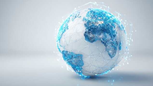 A 3D model of a globe, digitally rendered, with a network of light blue lines connecting its surface