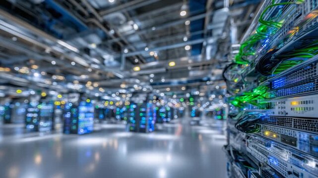 Explore a cutting-edge IT infrastructure with server racks, green network cables, and ambient lighting reflecting on a polished floor.