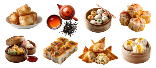 Set of Dim sum, yum cha tea, asian traditional Chinese small dishes cuisine, steamer basket chopstick, dumplings, buns, pastries on transparent cutout PNG. Many different variety. Mockup template